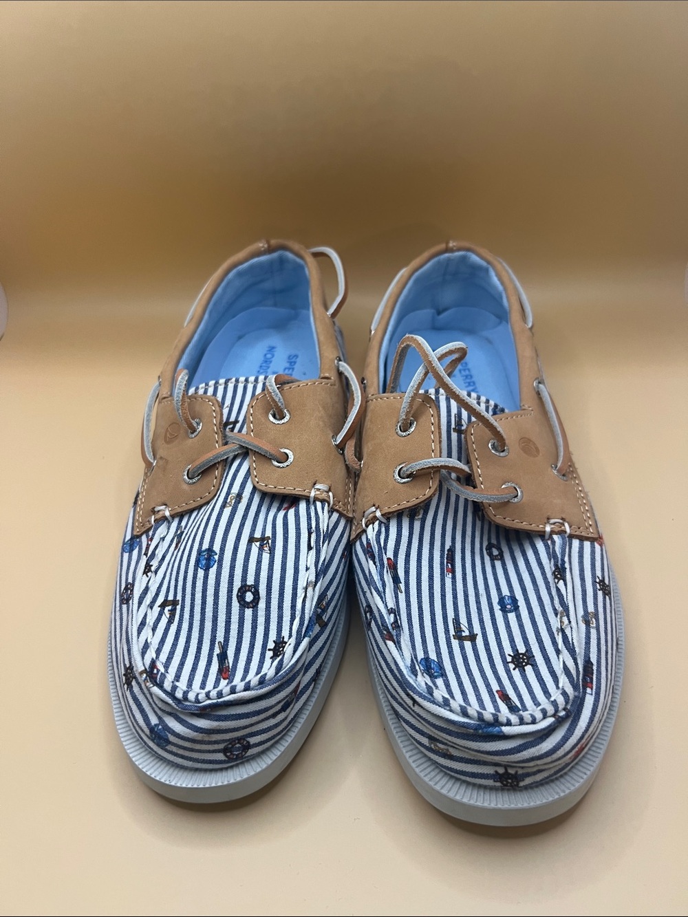 Sperry Kids Blue & White Striped Boat Moccasins with Tan Trim